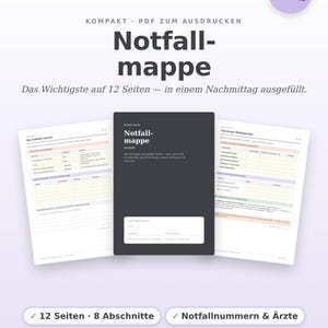 Notfallmappe kompakt als PDF auf Deutsch: 12 Seiten mit Deckblatt, Notfallseite und Vorsorge-Dokumenten