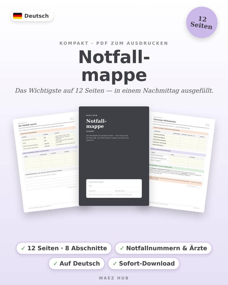Notfallmappe kompakt als PDF auf Deutsch: 12 Seiten mit Deckblatt, Notfallseite und Vorsorge-Dokumenten