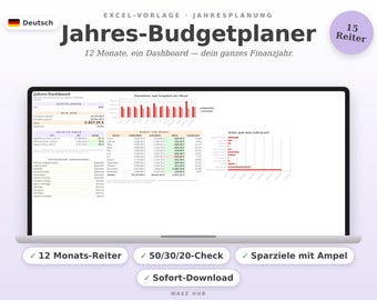 Budgetplanner Excel-sjabloon 2027 | Jaarlijkse financiële planner (Duits) | Huishoudbudget voor 12 maanden, 50/30/20-checklist en spaardoelen | Downloaden