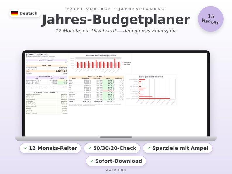 Excel Jahres-Budgetplaner auf Deutsch: Dashboard mit Jahreszahlen, Monatsvergleich, 50/30/20-Check und Kategorien-Diagramm