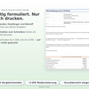 Musterschreiben nach § 558 BGB mit Absender, Betreff, Text und Tabelle der Zahlen