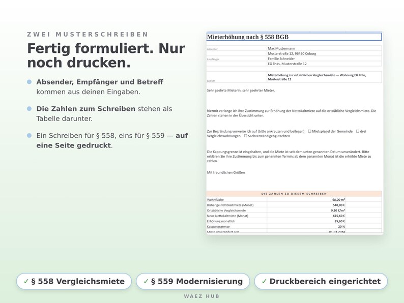 Musterschreiben nach § 558 BGB mit Absender, Betreff, Text und Tabelle der Zahlen