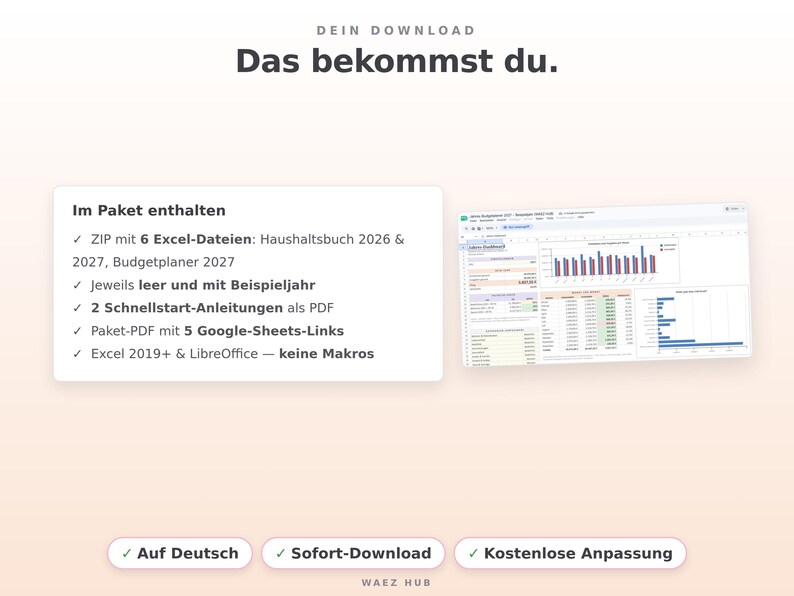 Lieferumfang: ZIP mit sechs Excel-Dateien, zwei Anleitungen und Paket-PDF mit fünf Google-Sheets-Links