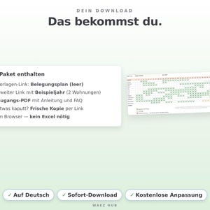 Lieferumfang: Vorlagen-Link, Link mit Beispieljahr und deutsches Zugangs-PDF