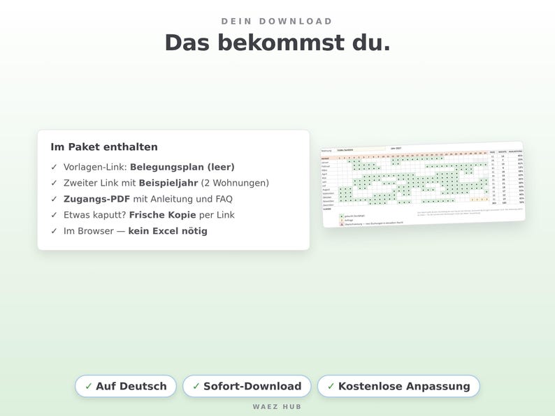 Lieferumfang: Vorlagen-Link, Link mit Beispieljahr und deutsches Zugangs-PDF
