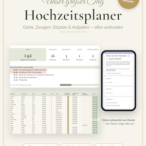 Hochzeitsplaner als Google-Sheets-Vorlage: Übersicht mit Countdown und Zusagen, Gästeliste und Antwort-Formular am Handy
