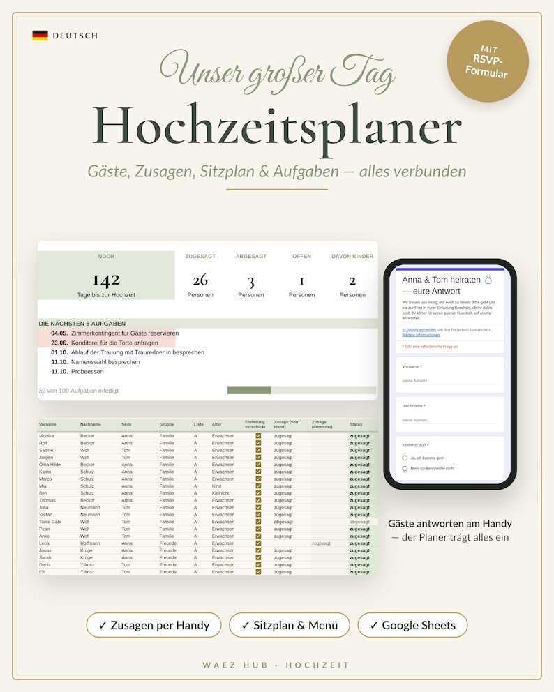 Hochzeitsplaner als Google-Sheets-Vorlage: Übersicht mit Countdown und Zusagen, Gästeliste und Antwort-Formular am Handy