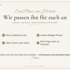 Kostenlose persönliche Anpassung des Hochzeitsplaners nach dem Kauf, zum Beispiel mehr Tische oder eigene Listen