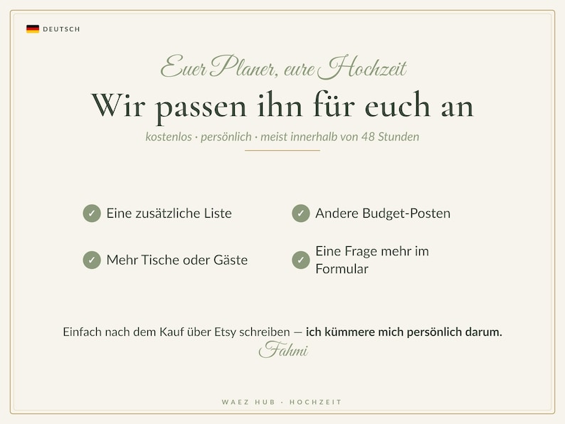 Kostenlose persönliche Anpassung des Hochzeitsplaners nach dem Kauf, zum Beispiel mehr Tische oder eigene Listen