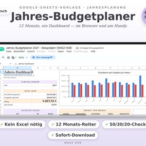 Jahres-Budgetplaner als Google-Sheets-Vorlage auf Deutsch im Laptop: Dashboard mit Monatsvergleich, 50/30/20-Check und Diagrammen