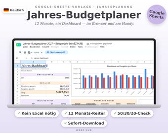 Budgetplaner Google Sheets Vorlage 2027 | Jahres Finanzplaner Deutsch | Haushaltsbuch mit 12 Monaten, 50/30/20 Check & Sparziele