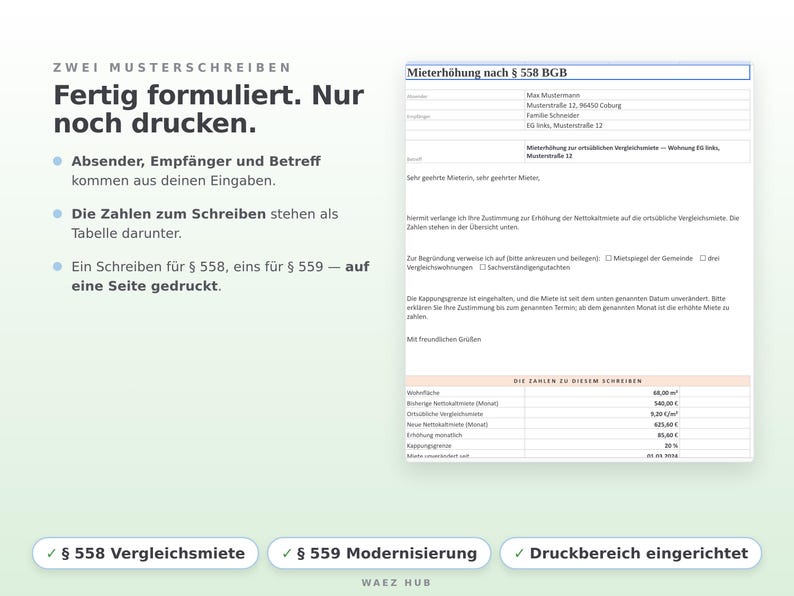 Musterschreiben nach § 558 BGB mit Absender, Betreff, Text und Tabelle der Zahlen