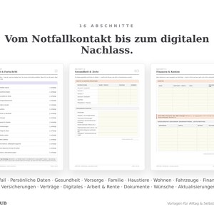Drei Beispielseiten: Inhaltsverzeichnis mit Fortschritts-Checkliste, Gesundheit und Ärzte, Finanzen und Konten