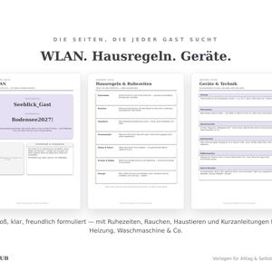 Drei Seiten der Gästemappe: große WLAN-Seite, Hausregeln mit Ruhezeiten und Kurzanleitungen für Geräte