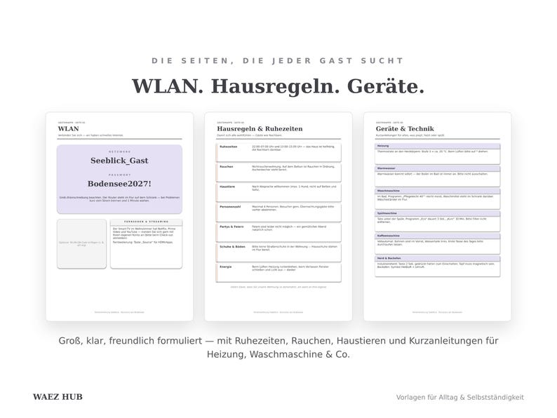 Drei Seiten der Gästemappe: große WLAN-Seite, Hausregeln mit Ruhezeiten und Kurzanleitungen für Geräte