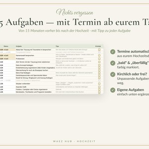 Aufgabenliste mit 115 Aufgaben, Fälligkeitsdatum aus dem Hochzeitsdatum, Status bald und überfällig, Tipps