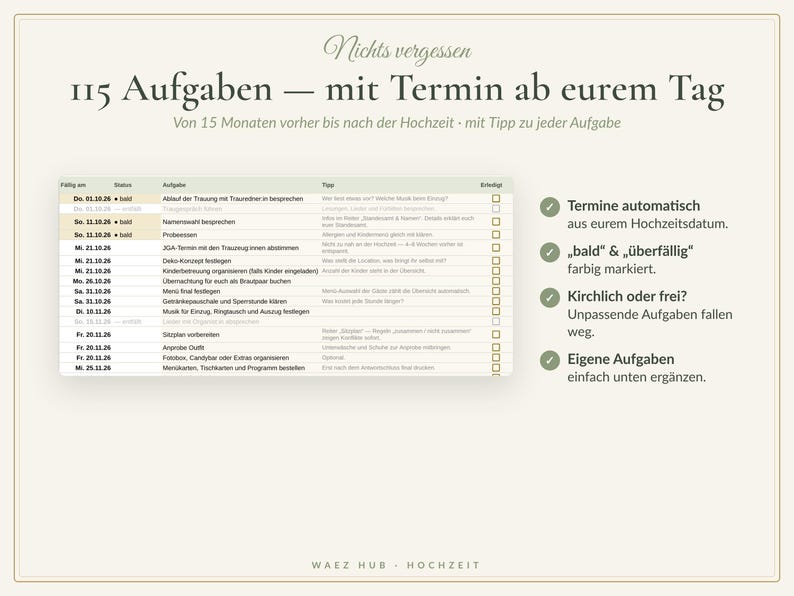 Aufgabenliste mit 115 Aufgaben, Fälligkeitsdatum aus dem Hochzeitsdatum, Status bald und überfällig, Tipps