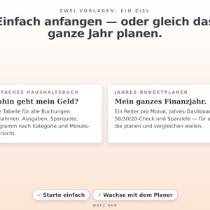 Zwei Vorlagen: einfaches Haushaltsbuch zum Anfangen und Jahres-Budgetplaner für das ganze Jahr