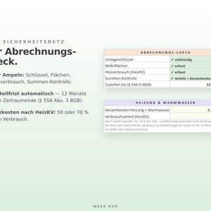 Abrechnungs-Check mit vier Ampeln und automatischer Zustellfrist, Heizkosten nach HeizKV mit 50 oder 70 Prozent Verbrauch