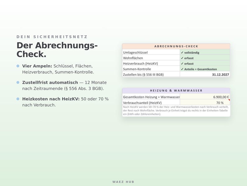 Abrechnungs-Check mit vier Ampeln und automatischer Zustellfrist, Heizkosten nach HeizKV mit 50 oder 70 Prozent Verbrauch