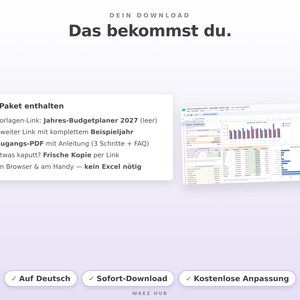Lieferumfang: Vorlagen-Link für 2027, Link mit Beispieljahr und deutsches Zugangs-PDF mit Anleitung