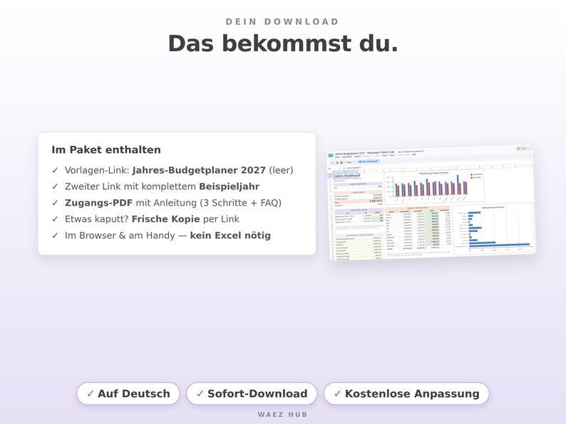 Lieferumfang: Vorlagen-Link für 2027, Link mit Beispieljahr und deutsches Zugangs-PDF mit Anleitung
