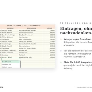 Eintragstabelle mit geöffnetem Kategorie-Dropdown: Datum, Kategorie, Beschreibung, Betrag — Platz für 1.000 Ausgaben