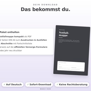 Lieferumfang: Notfallmappe kompakt als PDF, 12 Seiten DIN A4, beliebig oft druckbar