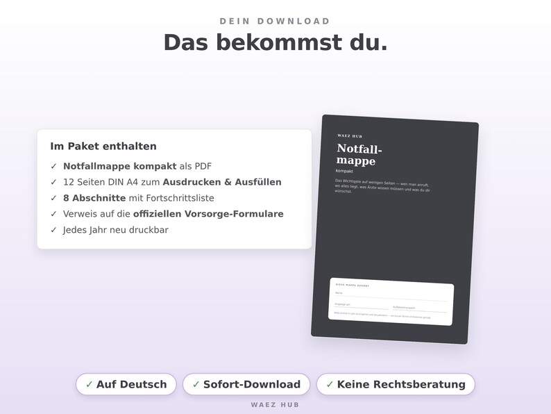 Lieferumfang: Notfallmappe kompakt als PDF, 12 Seiten DIN A4, beliebig oft druckbar