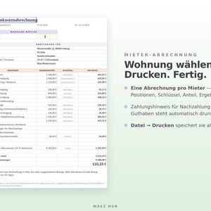 Fertige Nebenkostenabrechnung für einen Mieter mit allen Positionen, Umlageschlüssel und Ergebnis