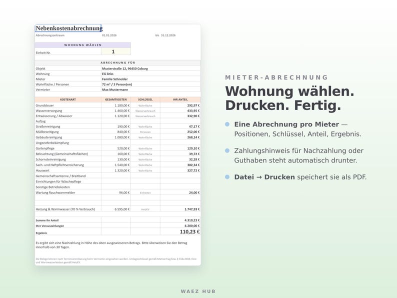 Fertige Nebenkostenabrechnung für einen Mieter mit allen Positionen, Umlageschlüssel und Ergebnis