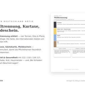 Mülltrennung-Seite mit vier Tonnen, Glas und Pfand, Abholtage — plus Kurtaxe, Meldeschein und Notfallseite