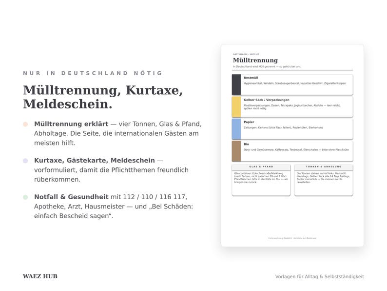 Mülltrennung-Seite mit vier Tonnen, Glas und Pfand, Abholtage — plus Kurtaxe, Meldeschein und Notfallseite