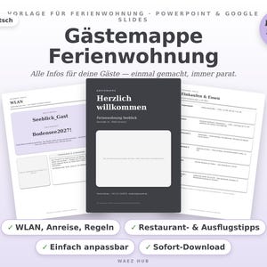 Gästemappe für Ferienwohnungen als editierbare Vorlage auf Deutsch: Deckblatt und Auf-einen-Blick-Seite mit WLAN, Check-in und Kontakt