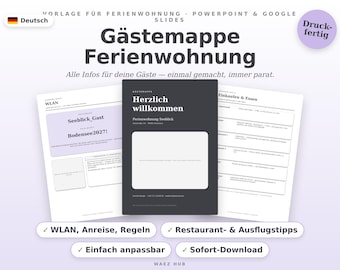 Cartella informativa per gli ospiti di case vacanza (modello in tedesco) | Libro di benvenuto Airbnb (modificabile in PowerPoint e Google Slides) | Informazioni per gli ospiti, regole della casa, Wi-Fi