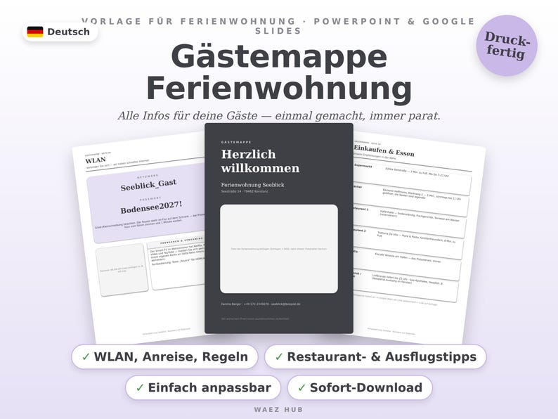 Gästemappe für Ferienwohnungen als editierbare Vorlage auf Deutsch: Deckblatt und Auf-einen-Blick-Seite mit WLAN, Check-in und Kontakt