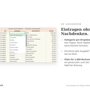 Buchungstabelle mit geöffnetem Kategorie-Dropdown: Datum, Art, Kategorie, Beschreibung und Betrag