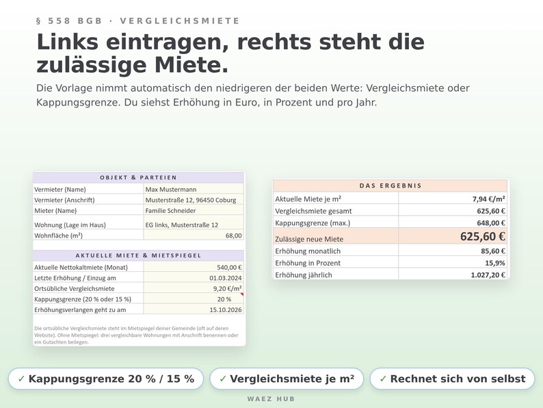 Blatt Vergleichsmiete nach § 558 BGB: Objekt, aktuelle Miete, Mietspiegel und das Ergebnis mit 625,60 Euro