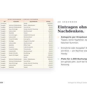 Buchungstabelle in Google Sheets: Datum, Art, Kategorie, Beschreibung und Betrag per Dropdown