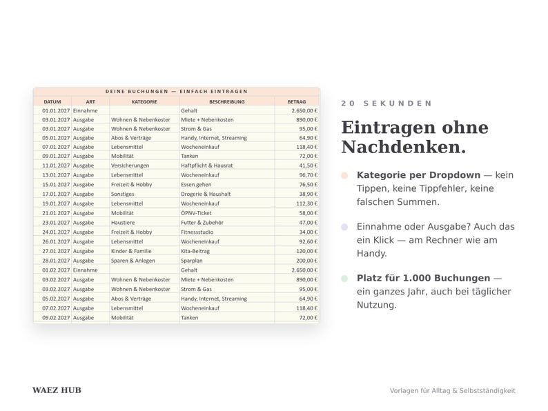 Buchungstabelle in Google Sheets: Datum, Art, Kategorie, Beschreibung und Betrag per Dropdown