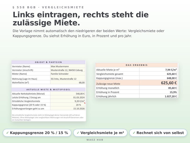 Blatt Vergleichsmiete nach § 558 BGB: Objekt, aktuelle Miete, Mietspiegel und das Ergebnis mit 625,60 Euro