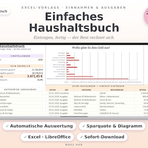 Excel-Vorlage Haushaltsbuch auf Deutsch: Übersicht mit Einnahmen, Ausgaben, Sparquote, Kategorien-Liste und Diagramm