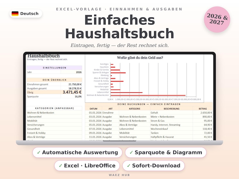 Excel-Vorlage Haushaltsbuch auf Deutsch: Übersicht mit Einnahmen, Ausgaben, Sparquote, Kategorien-Liste und Diagramm