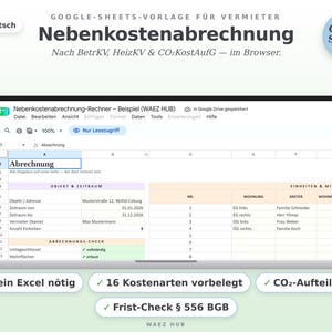 Nebenkostenabrechnung als Google-Sheets-Vorlage für Vermieter im Laptop: Eingabeseite mit Einheiten und Abrechnungs-Check