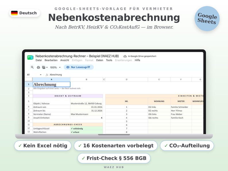 Nebenkostenabrechnung als Google-Sheets-Vorlage für Vermieter im Laptop: Eingabeseite mit Einheiten und Abrechnungs-Check