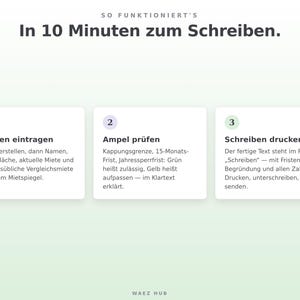 Anleitung in drei Schritten: Zahlen eintragen, Ampel prüfen, Schreiben drucken