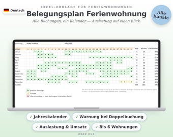 Belegungsplan Ferienwohnung Excel Vorlage 2027 | Belegungskalender für Airbnb & Booking.com | Auslastung, Umsatz, Kurtaxe | Deutsch