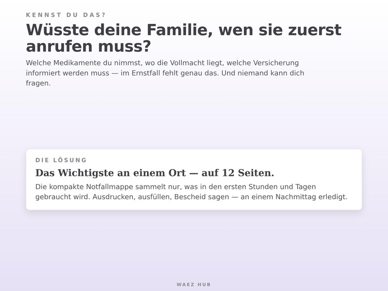Wüsste deine Familie, wen sie zuerst anrufen muss? Das Wichtigste an einem Ort auf 12 Seiten