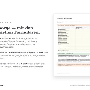 Abschnitt Vorsorge-Dokumente: Status-Checkliste für Vollmacht, Patientenverfügung und Testament mit Verweis auf offizielle Formulare