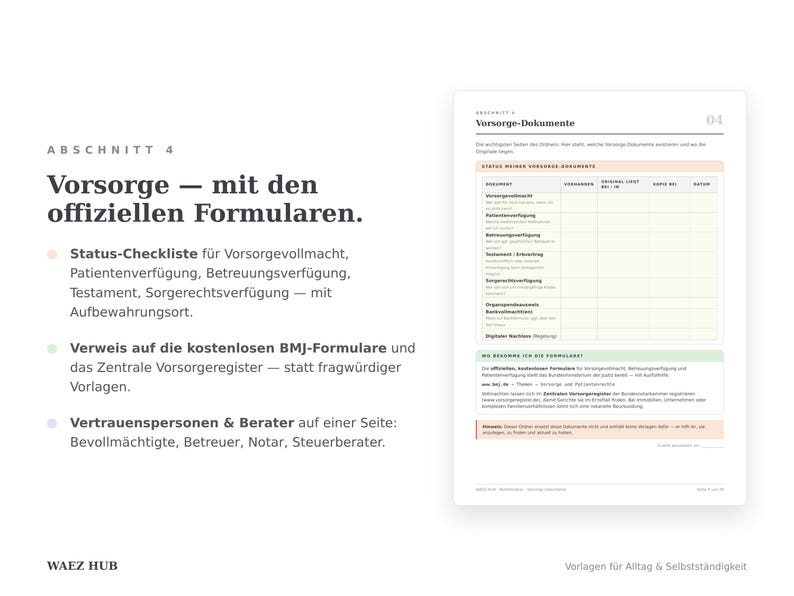 Abschnitt Vorsorge-Dokumente: Status-Checkliste für Vollmacht, Patientenverfügung und Testament mit Verweis auf offizielle Formulare